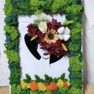 Tablou decorativ cu licheni stabilizati si flori-Handmade-Dimensiune A4, Casa & Stil de viata, Decoratiuni de casa, Decoratiuni de pereti, Tablou cu licheni, Aranjament de flori, Altele, ARTYNOS