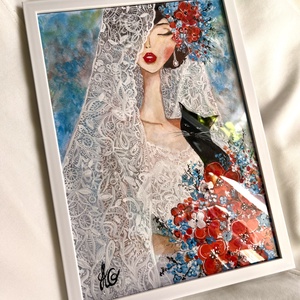 Tablou pictura Mireasa cu pisica/Red and Blue colors, Accesorii nunta, Amintiri si cadouri de nunta, Albume foto de nunta, Pictura, Pictura realizata manual in guasa.
 Hartie speciala de 300g/mp.  Dimensiune tablou: A4.
Tabloul vin..., ARTYNOS