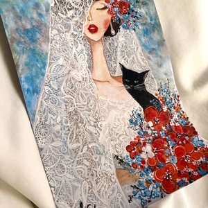 Tablou pictură Mireasa cu pisica/Red and Blue colors - accesorii nuntă - amintiri și cadouri de nuntă - albume foto de nuntă - Artynos.ro