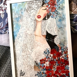 Tablou pictură Mireasa cu pisica/Red and Blue colors - accesorii nuntă - amintiri și cadouri de nuntă - albume foto de nuntă - Artynos.ro