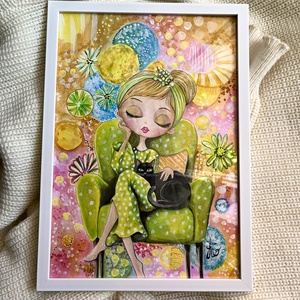 Tablou pictura Lady with black cat/Bombon background , Casa & Stil de viata, Decoratiuni de casa, Picturi murale, Tablouri/picturi pe panza, Pictura, Pictura realizata manual in guasa. 
Hartie speciala de 300g/mp.  Dimensiune tablou: A4.
Tabloul vin..., ARTYNOS