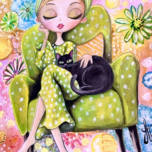 Tablou pictură Lady with black cat/Bombon background  - casă & stil de viață - decorațiuni de casă - picturi murale - tablouri/picturi pe pânză - Artynos.ro