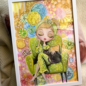 Tablou pictură Lady with black cat/Bombon background  - casă & stil de viață - decorațiuni de casă - picturi murale - tablouri/picturi pe pânză - Artynos.ro