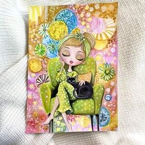 Tablou pictură Lady with black cat/Bombon background  - casă & stil de viață - decorațiuni de casă - picturi murale - tablouri/picturi pe pânză - Artynos.ro