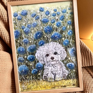 Tablou pictura Bichon in gradina cu albastrele , Casa & Stil de viata, Decoratiuni de casa, Picturi murale, Tablouri/picturi pe panza, Pictura, ARTYNOS