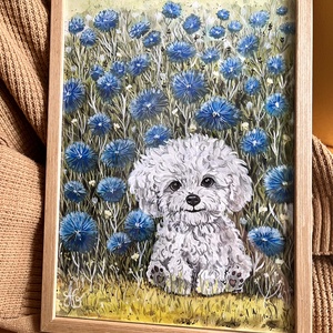 Tablou pictură Bichon în grădină cu albăstrele  - casă & stil de viață - decorațiuni de casă - picturi murale - tablouri/picturi pe pânză - Artynos.ro