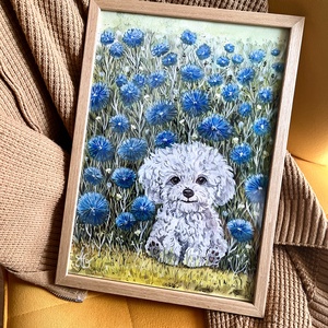 Tablou pictură Bichon în grădină cu albăstrele  - casă & stil de viață - decorațiuni de casă - picturi murale - tablouri/picturi pe pânză - Artynos.ro