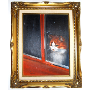 Pisicuta privind pe fereastra, pictura in ulei - Artynos.ro