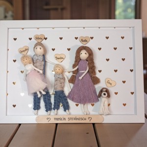 Portret de familie unic, personalizat, realizat în tehnica macramé � cadou realizat manual, în ramă albă (A4, 21�30 cm) - casă & stil de viață - decorațiuni de casă - decorațiuni de pereți - decor de pereți, macrame - Artynos.ro