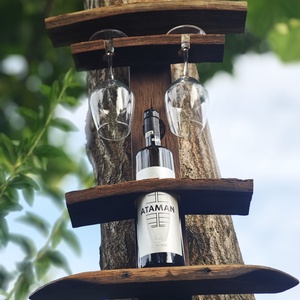 Suport pentru o sticla cu vin si 2 pahare Eleganta Lemnului Reciclat, Casa & Stil de viata, Accesorii pentru echipamente de bucatarie, Accesorii de servire, Suporturi pahare, Gravare, pirogravura, Prelucrarea lemnului, ARTYNOS