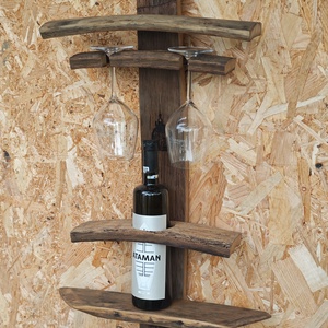 Suport pentru o sticlă cu vin și 2 pahare Eleganța Lemnului Reciclat - casă & stil de viață - accesorii pentru echipamente de bucătărie - accesorii de servire - suporturi pahare - Artynos.ro