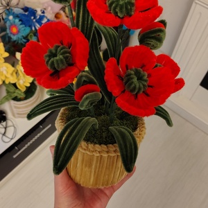 Ghiveci ornament maci rosii din sârmă plușată! - casă & stil de viață - decorațiuni de casă - accesorii florale - ghiveci de plante - Artynos.ro
