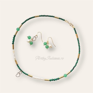 Set (colier, cercei) argint, perle și pietre semiprețioase Inimi de aur - bijuterii - seturi de bijuterii - Artynos.ro