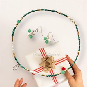 Set (colier, cercei) argint, perle si pietre semipretioase Inimi de aur - Artynos.ro