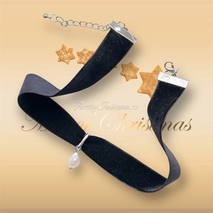 Choker catifea neagra, argint și perlă roz - bijuterii - coliere - chockere - Artynos.ro