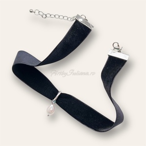 Choker catifea neagra, argint și perlă roz - bijuterii - coliere - chockere - Artynos.ro