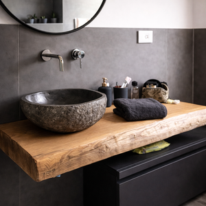 Blat baie din lemn masiv margini naturale� blat rustic pentru baie moderna , Casa & Stil de viata, Mobilier artizanal, Alt mobilier, Prelucrarea lemnului, ARTYNOS