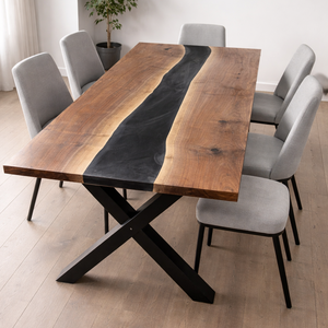 Masă lemn masiv de nuc cu rășină epoxy � River Table - Masă din lemn de nuc cu rășină epoxidica neagră  - casă & stil de viață - mobilier artizanal - alt mobilier - Artynos.ro