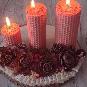 Decoratiune naturala 3 lumanari pe felie de lemn  - Artynos.ro