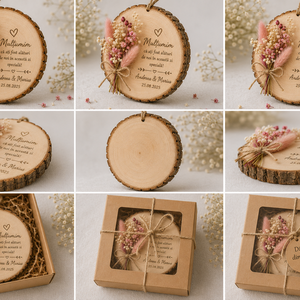 Mărturie din lemn natural cu flori uscate � personalizată - accesorii nuntă - amintiri și cadouri de nuntă - mărturii - Artynos.ro