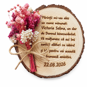 Mărturie personalizată pentru botez din lemn natural, cu flori uscate  - accesorii nuntă - amintiri și cadouri de nuntă - mărturii - Artynos.ro