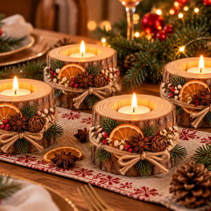 Set 4 suporturi pentru lumânări din lemn natural, decorate manual � Decorațiuni rustice de Crăciun - casă & stil de viață - decorațiuni de casă - decorațiuni de masă și rafturi - decorațiuni de masă - Artynos.ro