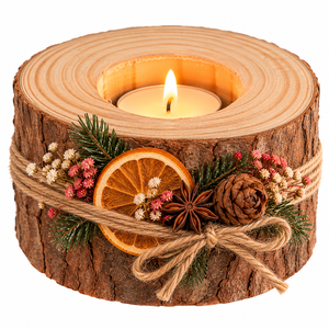 Set 4 suporturi pentru lumânări din lemn natural, decorate manual � Decorațiuni rustice de Crăciun - casă & stil de viață - decorațiuni de casă - decorațiuni de masă și rafturi - decorațiuni de masă - Artynos.ro