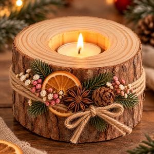 Set 4 suporturi pentru lumanari din lemn natural, decorate manual � Decoratiuni rustice de Craciun - Artynos.ro