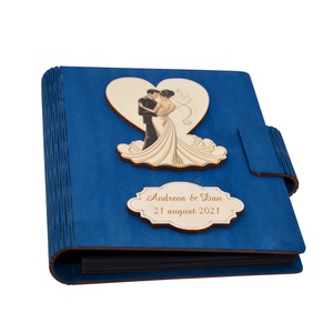 Album foto din lemn personalizat, Guestbook de nunta, albastru, A5, pix si lipici stick inclus - Artynos.ro