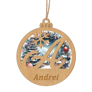 Glob lemn, dublu strat, personalizat nume, decoratiune brad Craciun, 10 cm - Artynos.ro