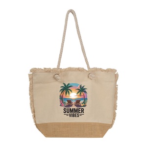 Geanta de plaja cu ciucuri, Piksel, din bumbac si baza de iuta, 48x38 cm, M1, Genti si portofele, Geanta pentru cumparaturi, Totebaguri, , ARTYNOS