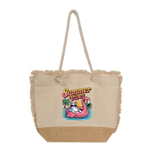 Geanta de plaja cu ciucuri, Piksel, din bumbac si baza de iuta, 48x38 cm, M1, Genti si portofele, Geanta pentru cumparaturi, Totebaguri, , ARTYNOS