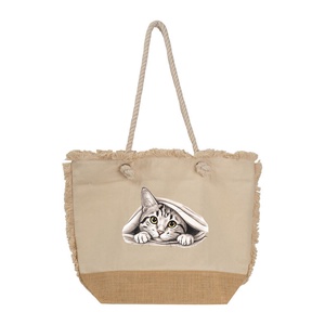 Geanta de plaja cu ciucuri, Piksel, din bumbac si baza de iuta, 48x38 cm, M1, Genti si portofele, Geanta pentru cumparaturi, Totebaguri, , ARTYNOS