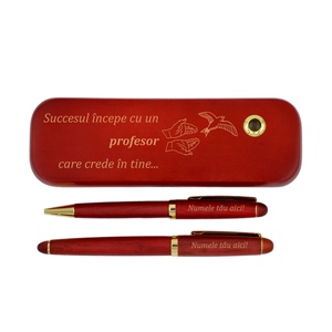 Set pix si stilou in cutie din lemn de trandafir, Piksel, personalizat cu mesaj, profesori - Artynos.ro