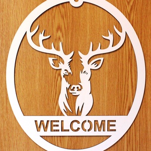 Panou Welcome, MDF alb decupat, decoratiune Cerb, 440x380x2.5 mm - Artynos.ro