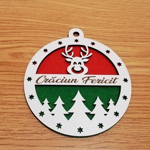  Glob de brad cu text, Craciun Fericit, MDF alb 2.7 mm, diametru 9 cm, Craciun, Decoratiuni de Craciun de casa, Fetruire, Prelucrarea lemnului, ARTYNOS