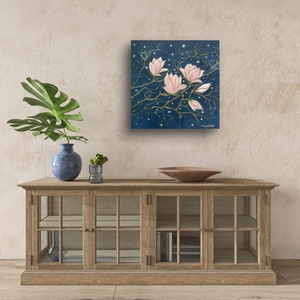 Magnolii sub cerul noptii Pictura originala acrilice pe panza Tablou pictat manual, Unic - arte vizuale și accesorii  - picturi - pictură acrilică - Artynos.ro