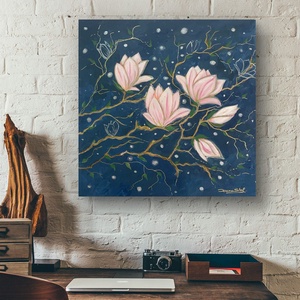 Magnolii sub cerul noptii Pictura originala acrilice pe panza Tablou pictat manual, Unic - Artynos.ro