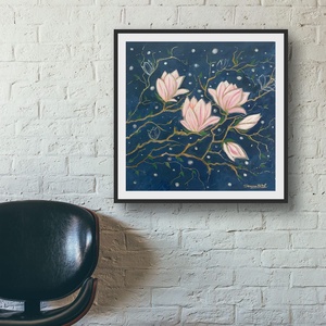 Magnolii sub cerul noptii Pictura originala acrilice pe panza Tablou pictat manual, Unic - arte vizuale și accesorii  - picturi - pictură acrilică - Artynos.ro