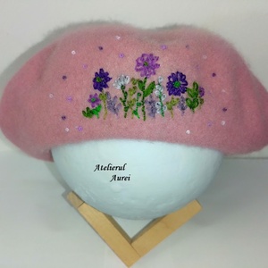 Bereta roz cu flori brodate, Imbracaminte si moda, Esarfe, palarii, fularuri, Caciula, Broderie, ARTYNOS