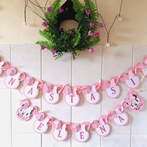 Ghirlanda personalizata cu nume fetita Minnie roz, Jucării și echipamente pentru copii, Daruri de botez, Arta de hârtie, ARTYNOS
