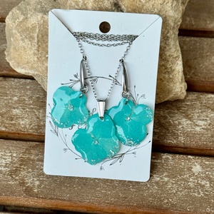 Set Bijuterii handmade unicat din rasina si flori naturale - Blue hortensia  - accesorii nuntă - bijuterii mireasă - set bijuterii de mireasă - Artynos.ro