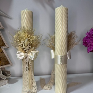 Lumanare cununie nunta sau botez din ceara naturala decorate cu flori uscate - Artynos.ro