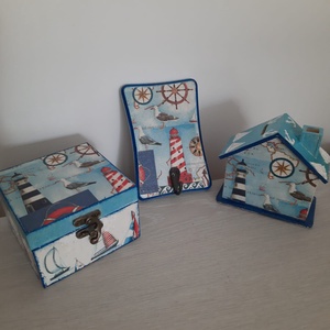 Set pusculita cu motive marine, Casa & Stil de viata, Accesorii pentru decorat casa, Decoratiuni de masa si decoratiuni pentru rafturi , Cutii decor, cutii de suveniruri, Decoupage, transfer si tehnici servetel, ARTYNOS