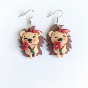 Cercei handmade arici adorabili cu floare roșie din lut polimeric bijuterii unicat - bijuterii - cercei - cercei lungi - Artynos.ro