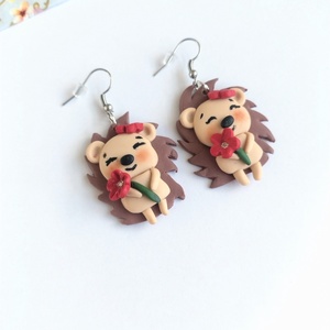 Cercei handmade arici adorabili cu floare roșie din lut polimeric bijuterii unicat - bijuterii - cercei - cercei lungi - Artynos.ro