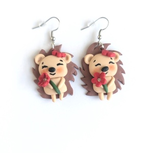 Cercei arici cu floare roșie din lut polimeric Handmade kawaii - bijuterii - cercei - cercei lungi - Artynos.ro