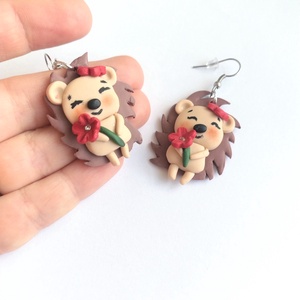 Cercei arici cu floare roșie din lut polimeric Handmade kawaii - bijuterii - cercei - cercei lungi - Artynos.ro