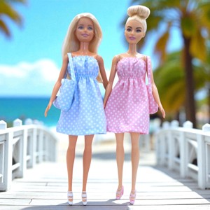Rochie de vară din pânză cu buline roz pentru păpușile de tip Barbie, cu geantă (potrivită și pentru Steffi însărcinată!) (a075rp) -  - Artynos.ro
