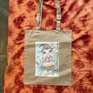 Sac din panza bej cu model de gnom, Genti si portofele, Geanta pentru cumparaturi, Totebaguri, Fotografie, grafica, desen, ilustratie, ARTYNOS